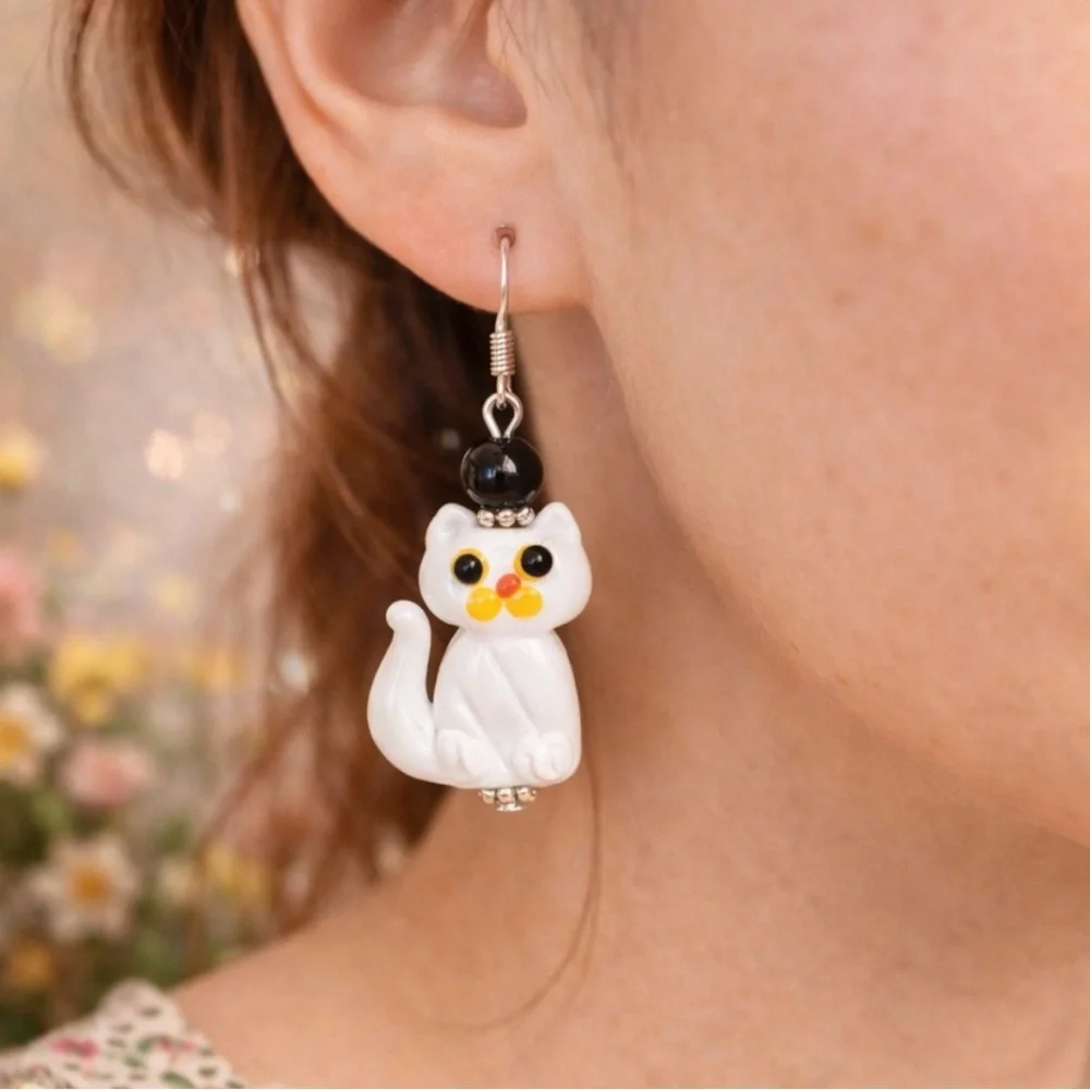 Handmade Glass Cat Earrings Black Bead Stainless Hooks Cute Artisan